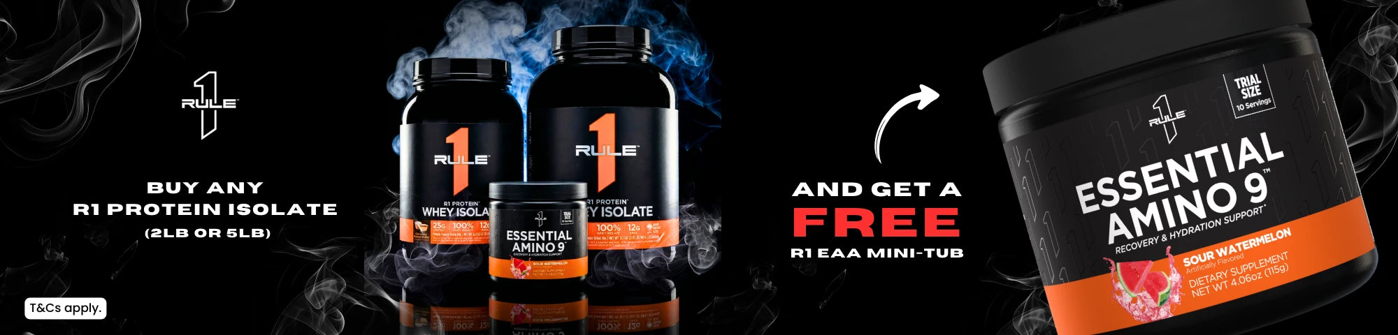 Buy a Rule 1 2lb or 5lb Protein Isolate and get a free Essential Amino 9 tub